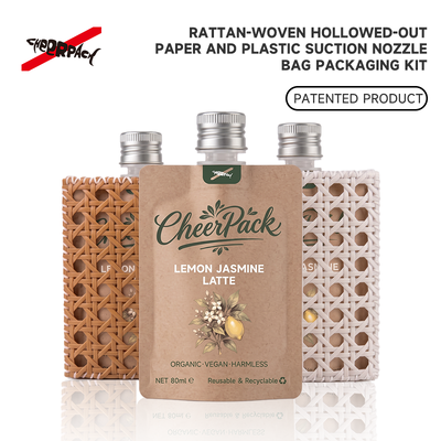Chất lượng  Reusable Rattan Woven Spout Pouch with Aluminum Cap | CheerPack Patented 100ml rattan-woven hollow-out spout pouch with reusable Sleeve and aluminum screw cap. Eco cosmetic packaging, OEM/ODM welcome. nhà máy